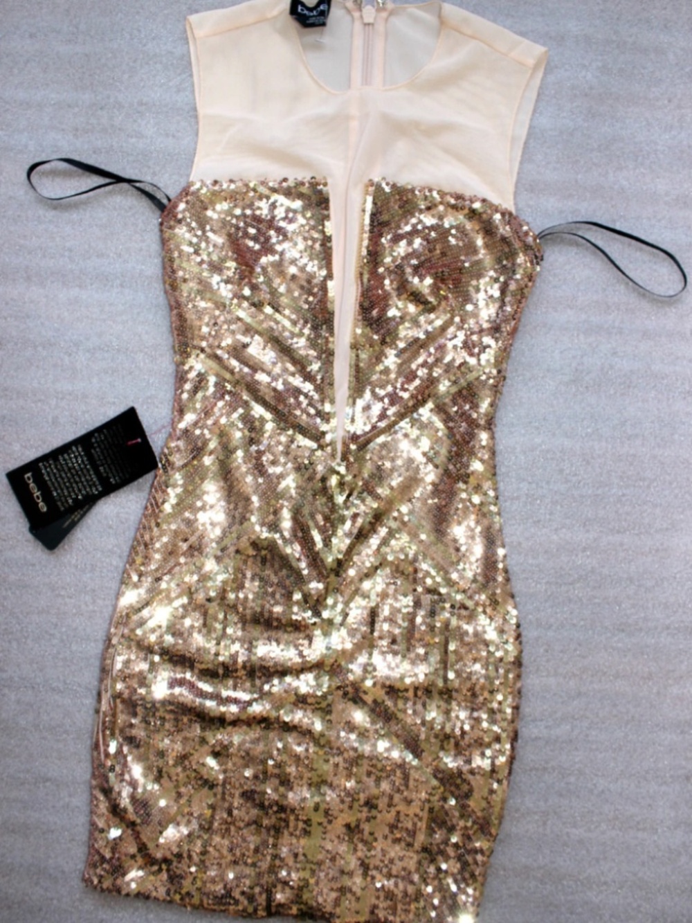 $150 New Bebe rose pink gold sequin mesh deep v neck cutout dress